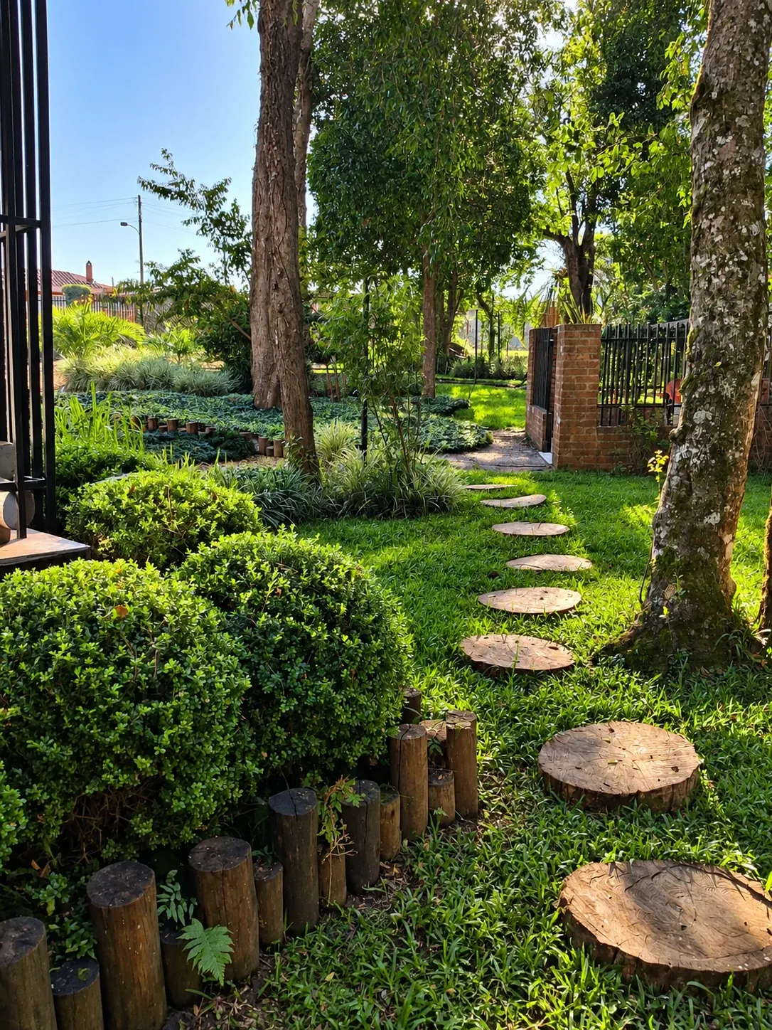 Jardim arborizado com caminho de peças de madeira sobre o gramado