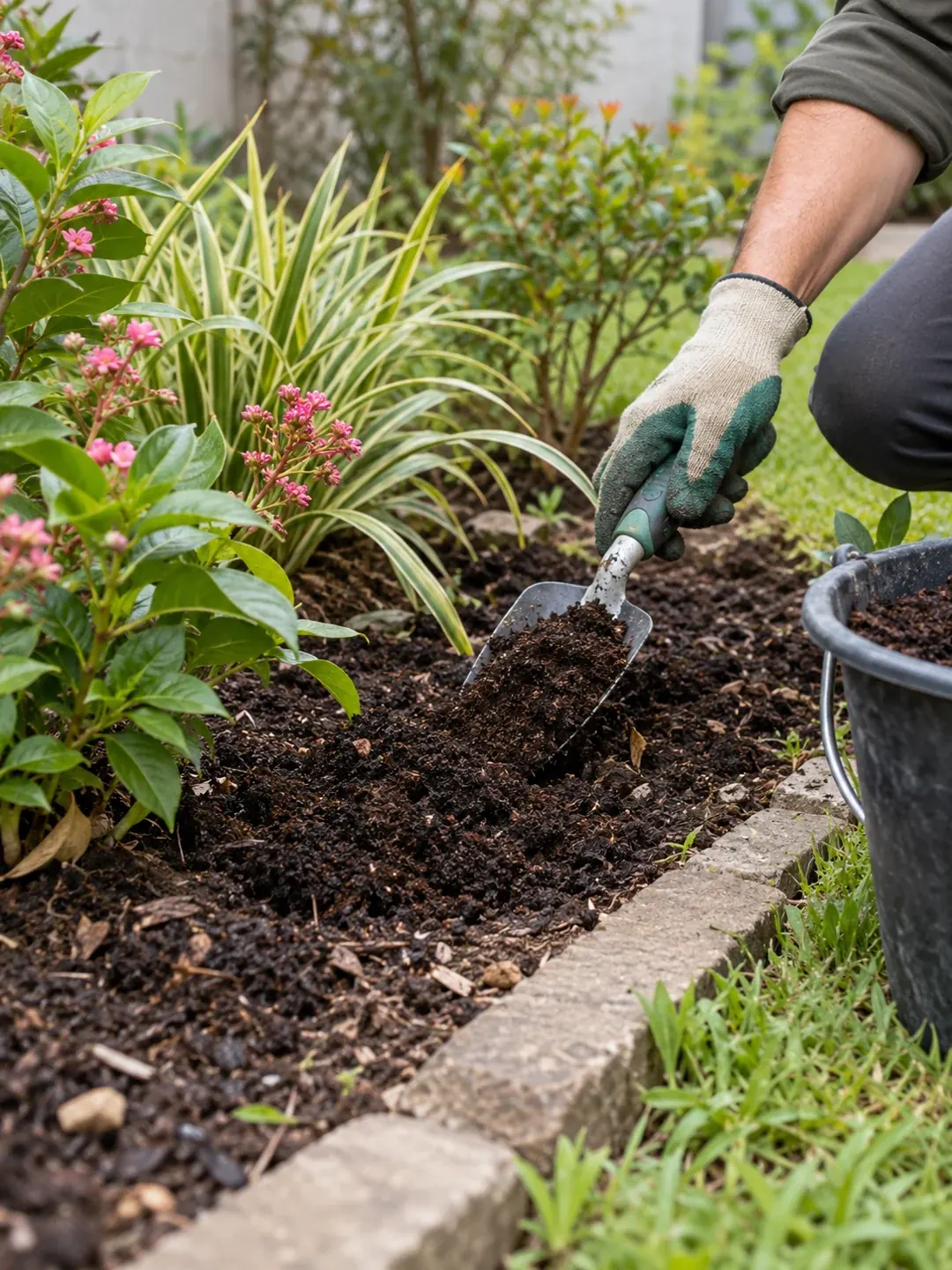 Imagem ilustrativa de aplicação de composto orgânico no solo de um canteiro